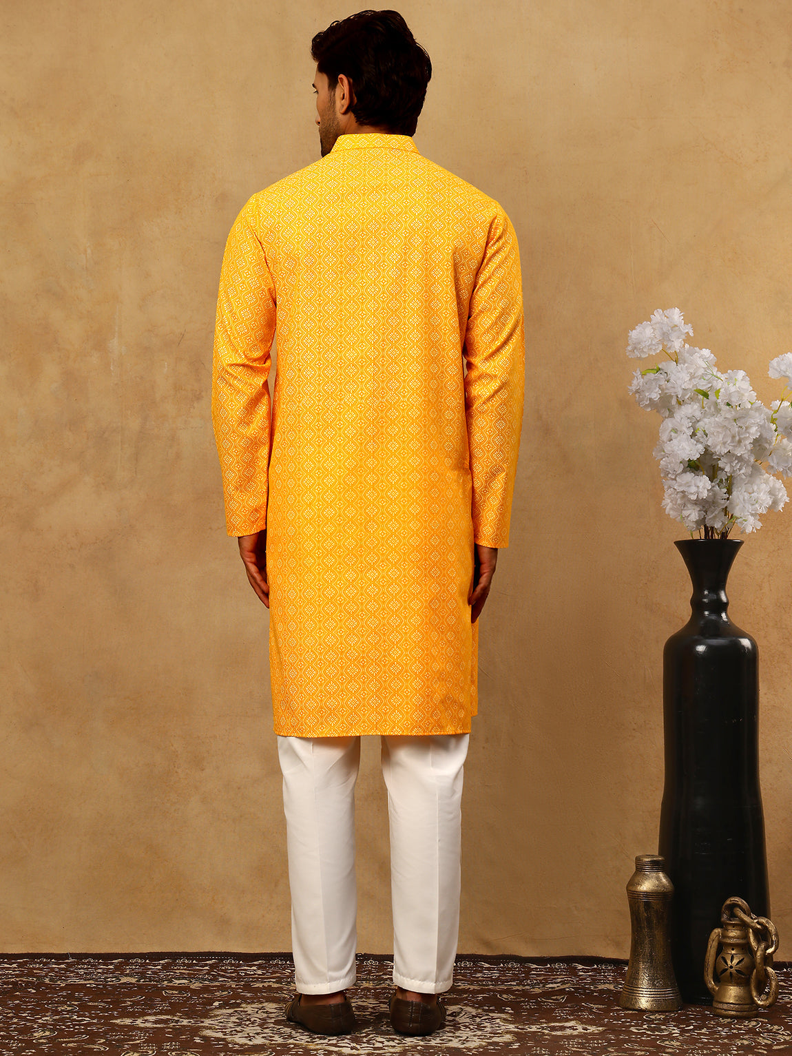 DesiQlo Men Printed Kurta Pyjama Set - Orange - 65KP_P_5470Orange_S