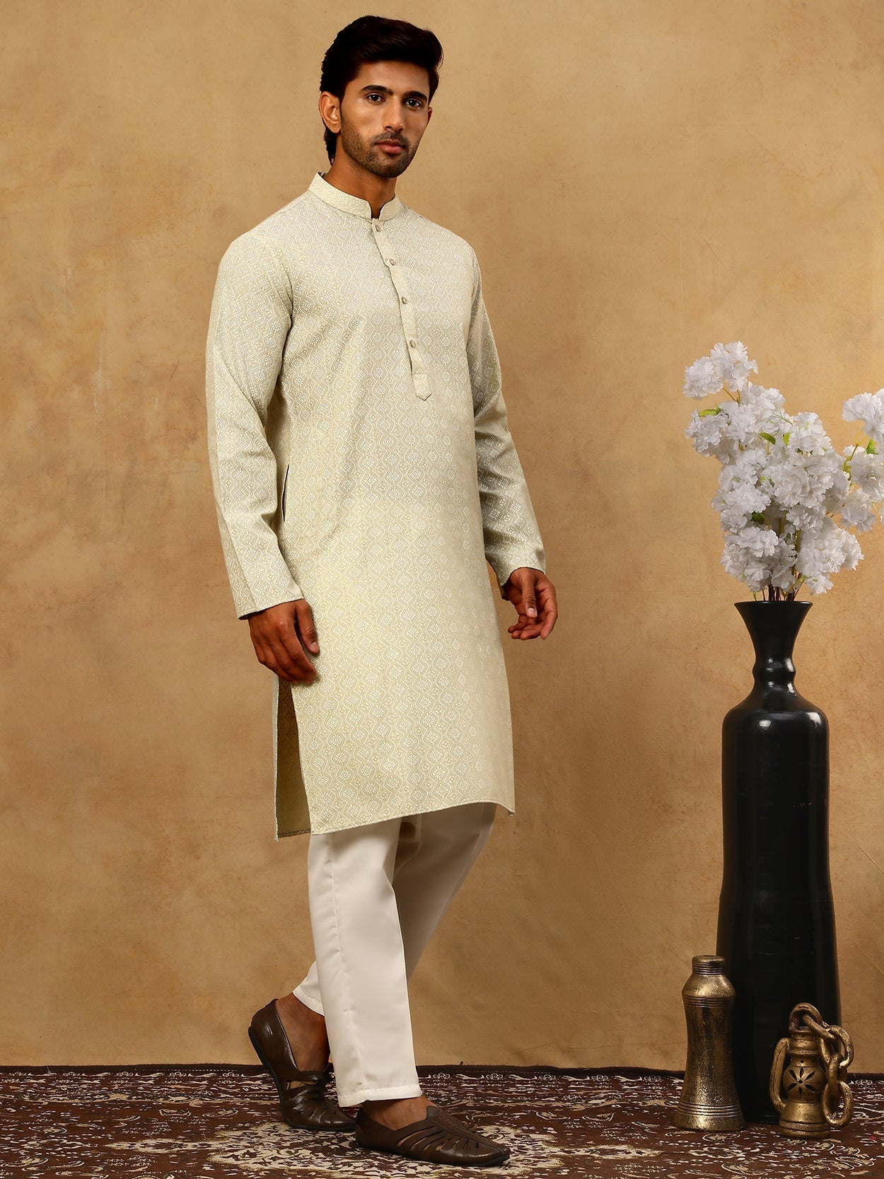 DesiQlo Men Printed Kurta Pyjama Set - Green - 65KP_P_5470Pista_S