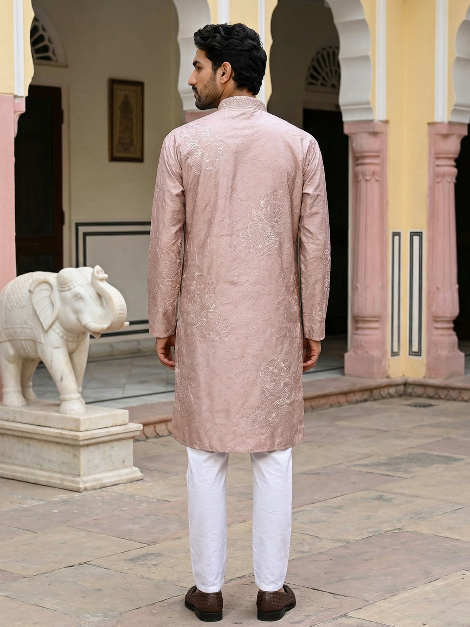 DesiQlo Men Embroidered Kurta Pyjama Set - Orange - 65KP_5472Peach_S