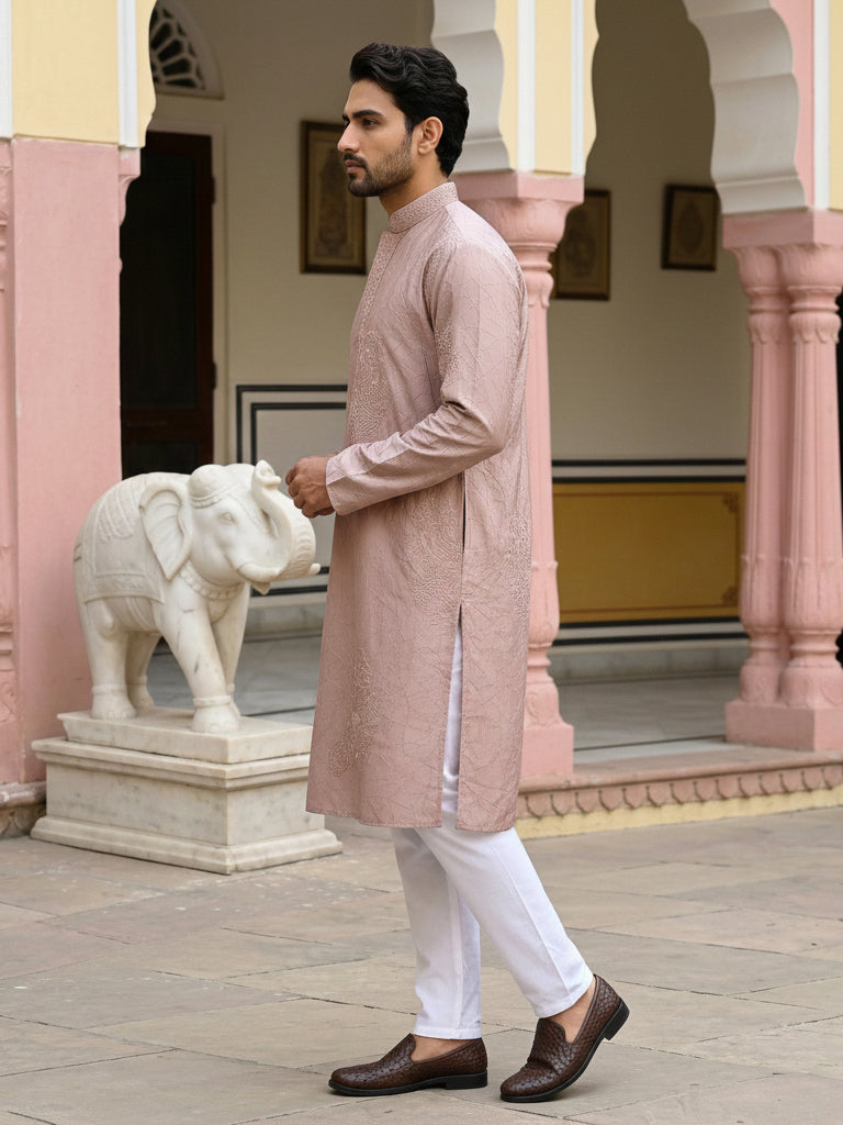 DesiQlo Men Embroidered Kurta Pyjama Set - Orange - 65KP_5472Peach_S