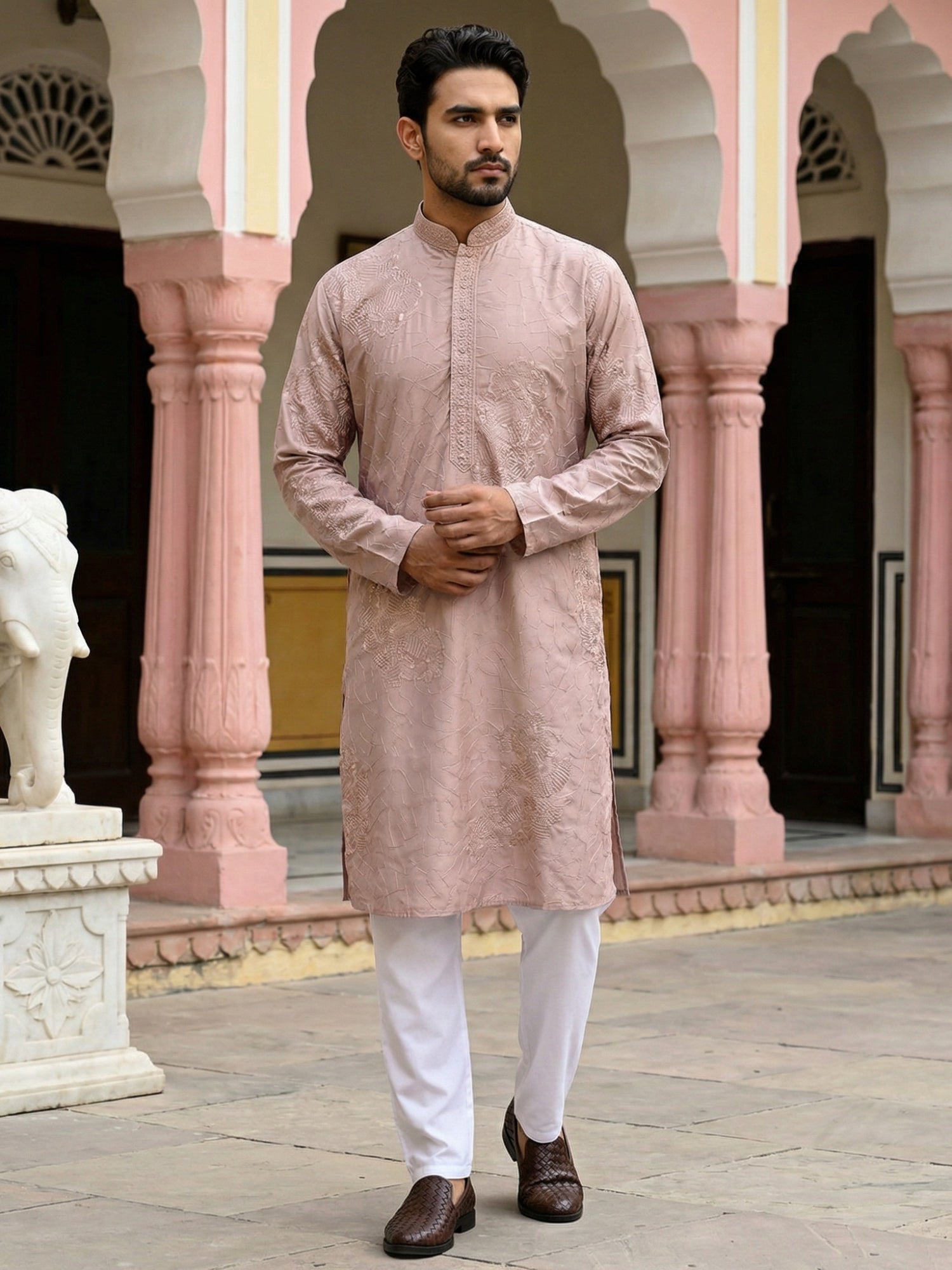 DesiQlo Men Embroidered Kurta Pyjama Set - Orange - 65KP_5472Peach_S