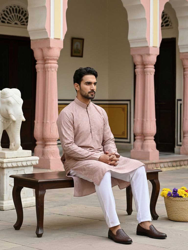 DesiQlo Men Embroidered Kurta Pyjama Set - Orange - 65KP_5472Peach_S