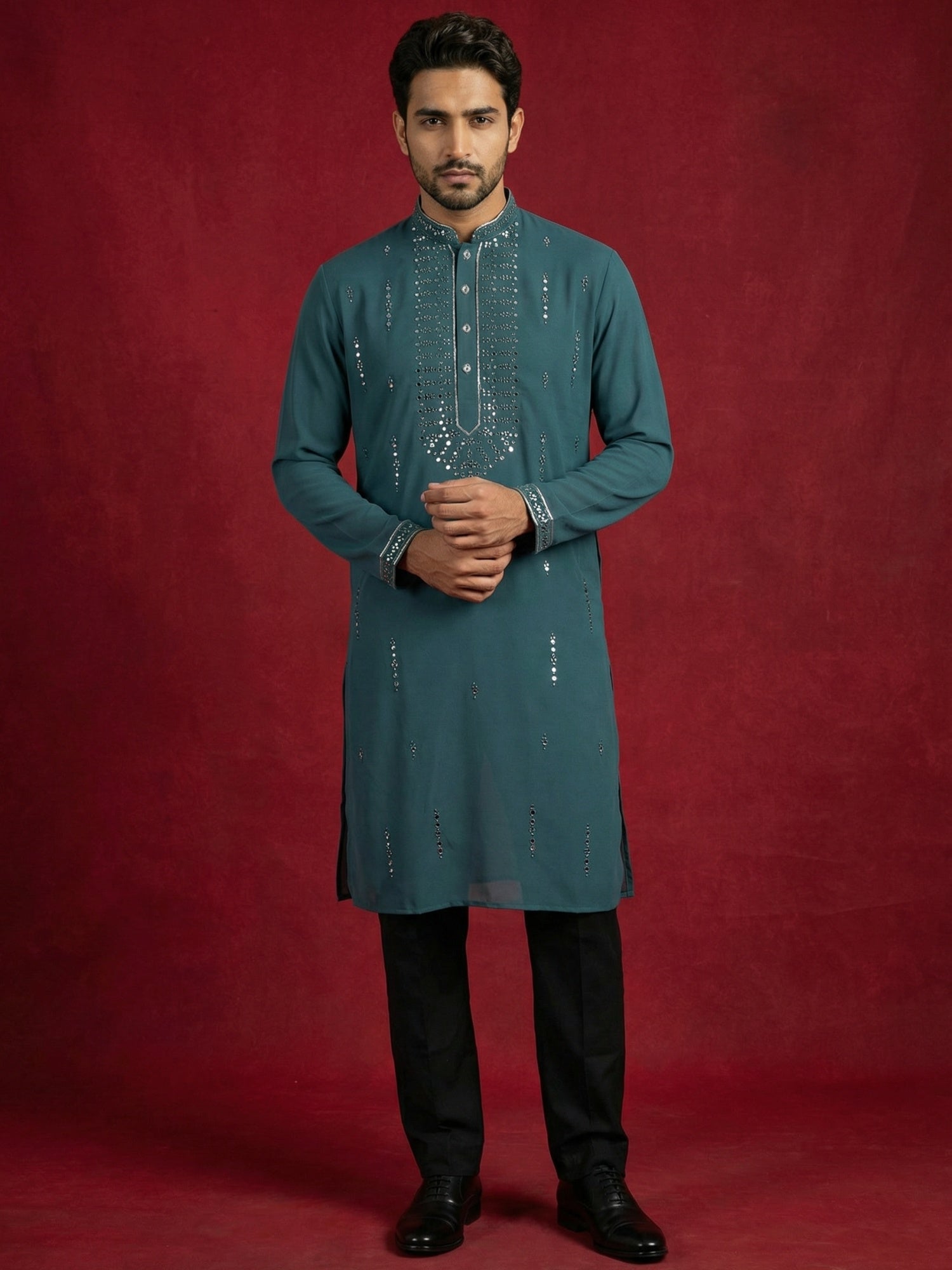 DesiQlo Men Embroidered Kurta Pyjama Set - Blue - 65KP_5474Blue_S