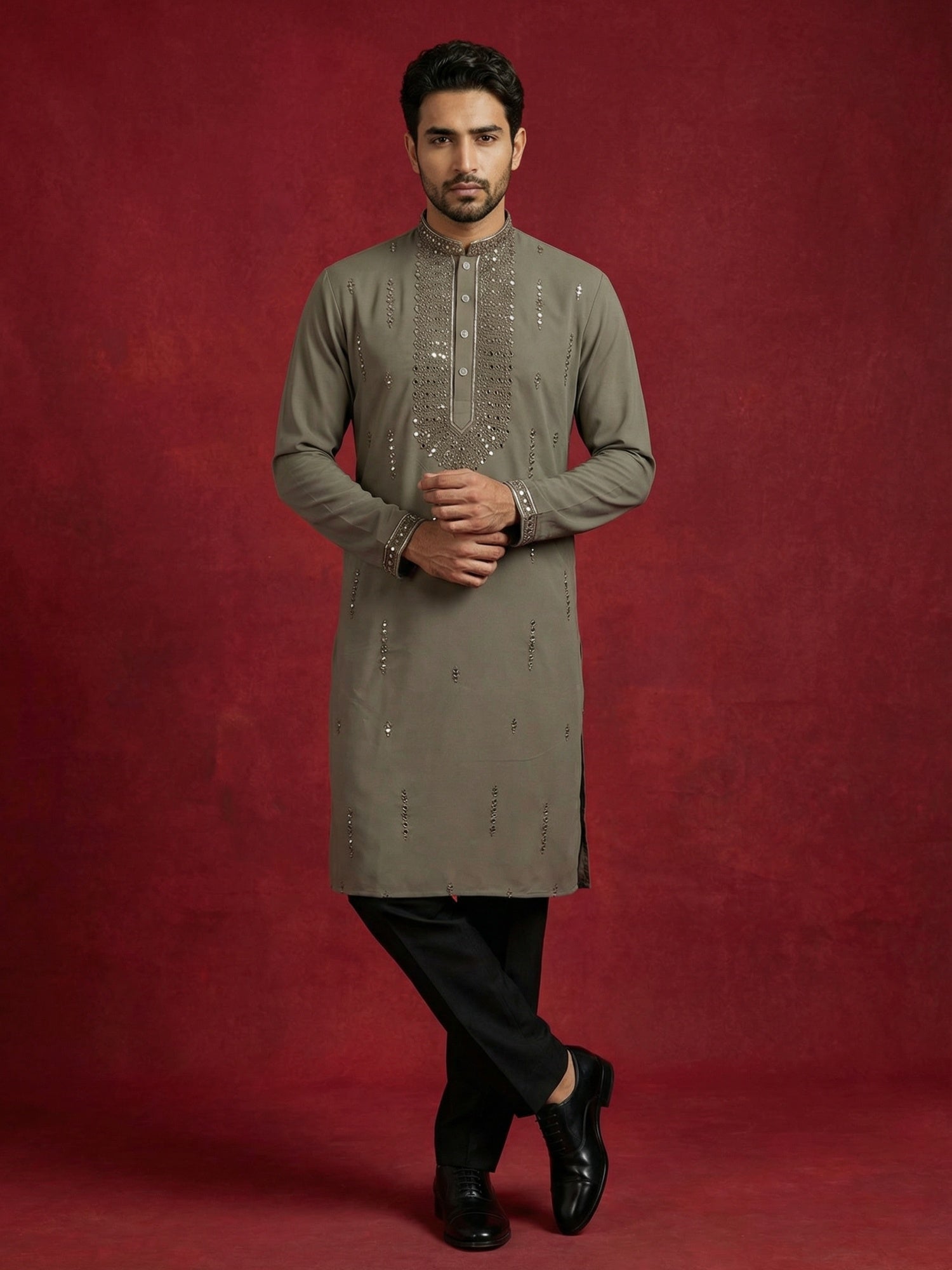DesiQlo Men Embroidered Kurta Pyjama Set - Brown - 65KP_5474Brown_S