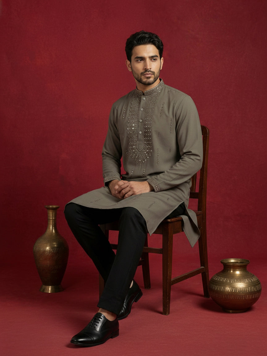 DesiQlo Men Embroidered Kurta Pyjama Set - Brown - 65KP_5474Brown_S