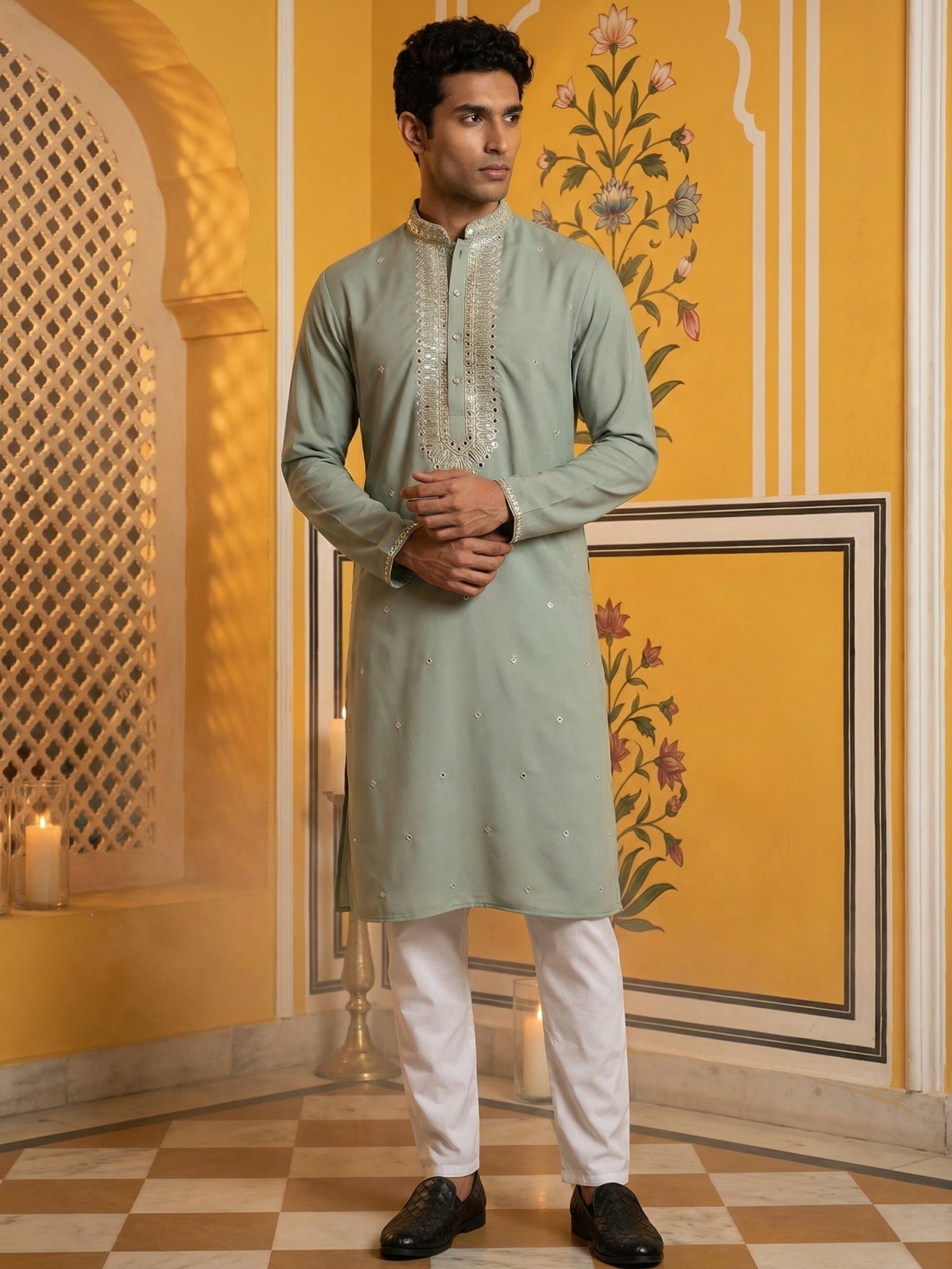 DesiQlo Men Embroidered Kurta Pyjama Set - Green - 65KP_5475Green_S