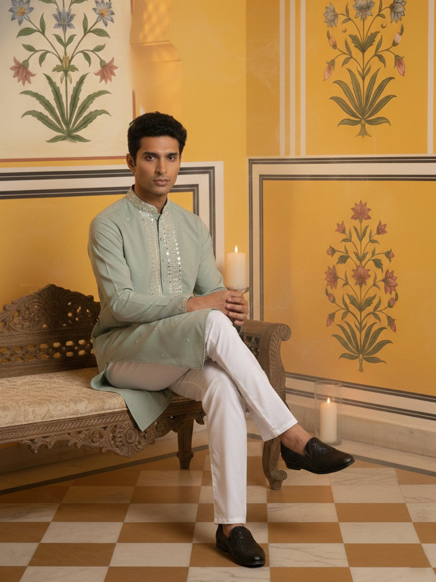 DesiQlo Men Embroidered Kurta Pyjama Set - Green - 65KP_5475Green_S