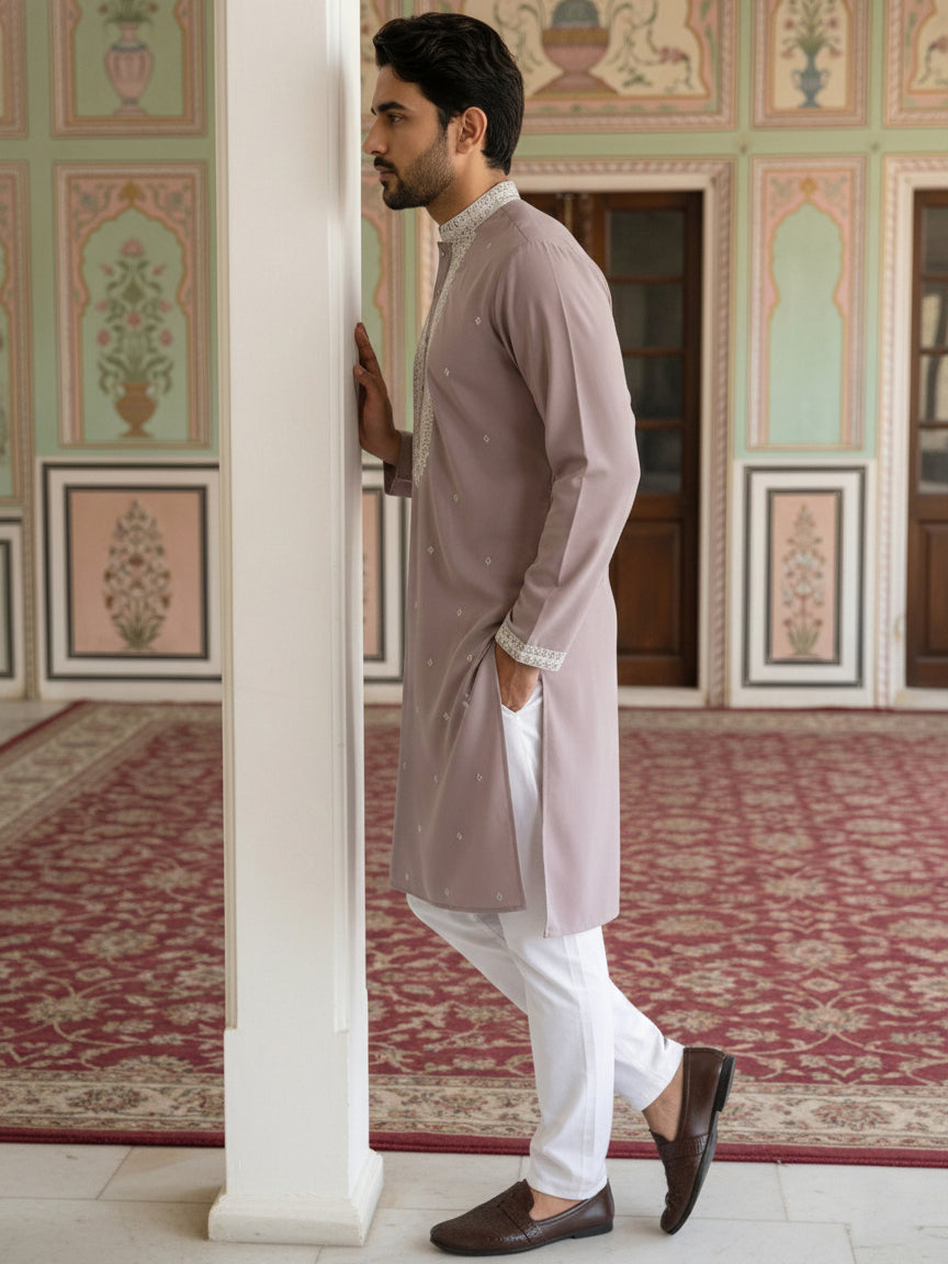 DesiQlo Men Embroidered Kurta Pyjama Set - Pink - 65KP_5475Magenta_S