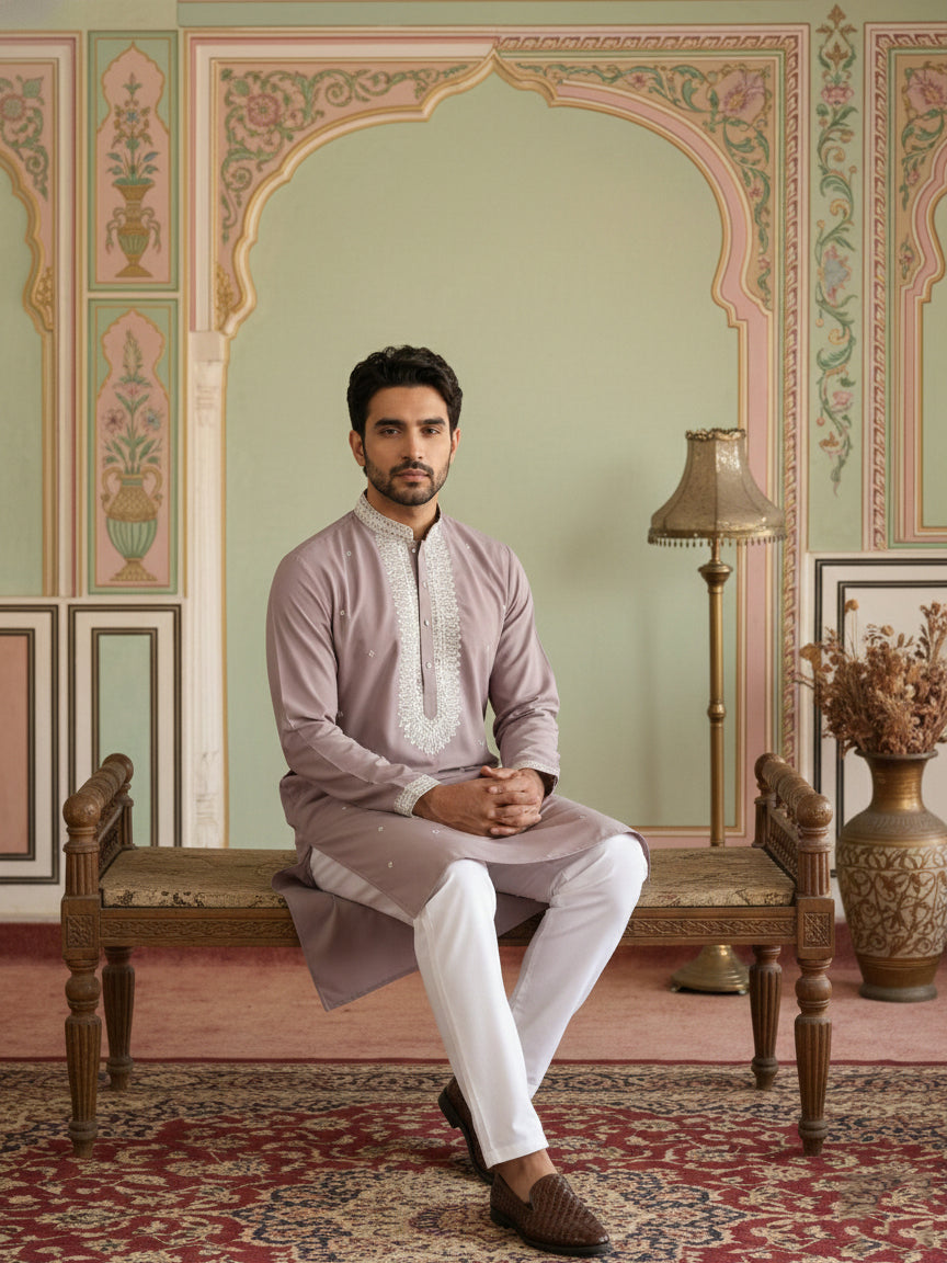 DesiQlo Men Embroidered Kurta Pyjama Set - Pink - 65KP_5475Magenta_S
