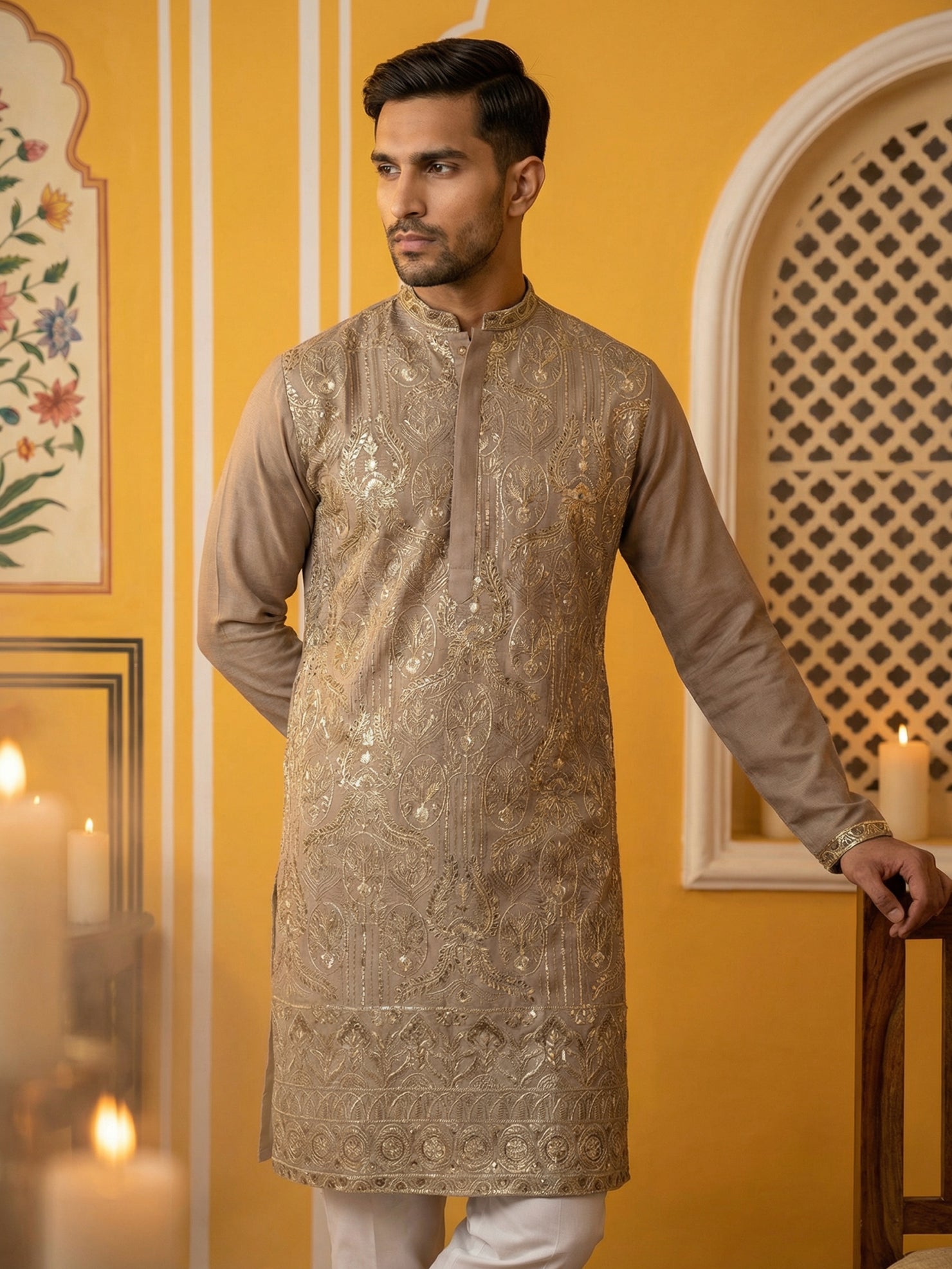DesiQlo Men Embroidered Kurta Pyjama Set - Brown - 65KP_P_5489Brown_S