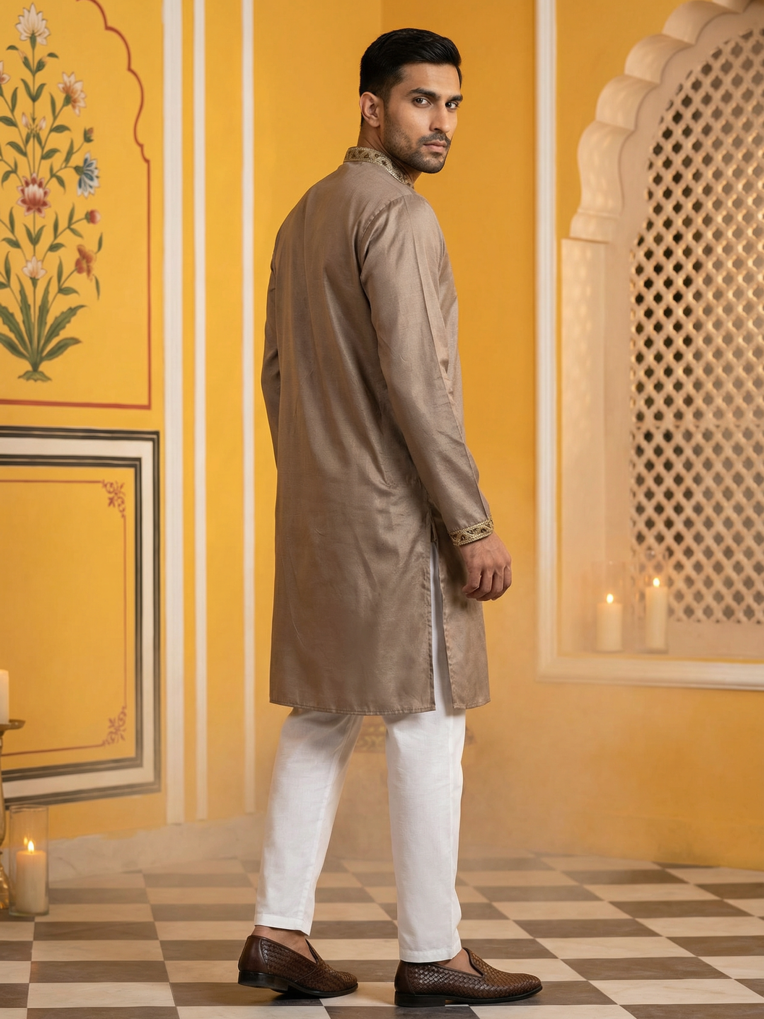 DesiQlo Men Embroidered Kurta Pyjama Set - Brown - 65KP_5489Brown_S