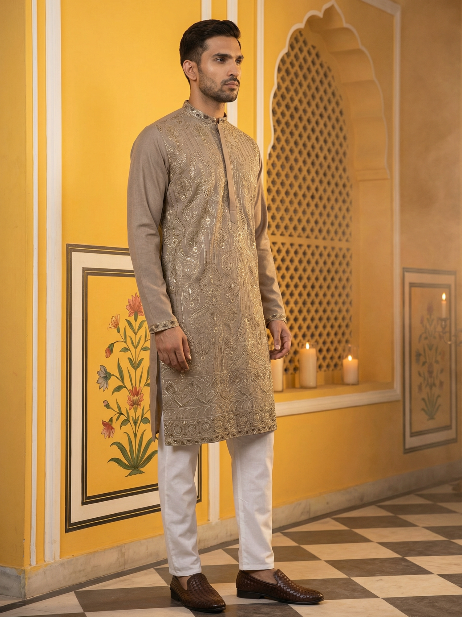 DesiQlo Men Embroidered Kurta Pyjama Set - Brown - 65KP_P_5489Brown_S