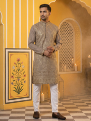Embroidered Silk Blend Kurta Set for Men ( 65KP P 5489Brown ) [FF] [A-1-4]