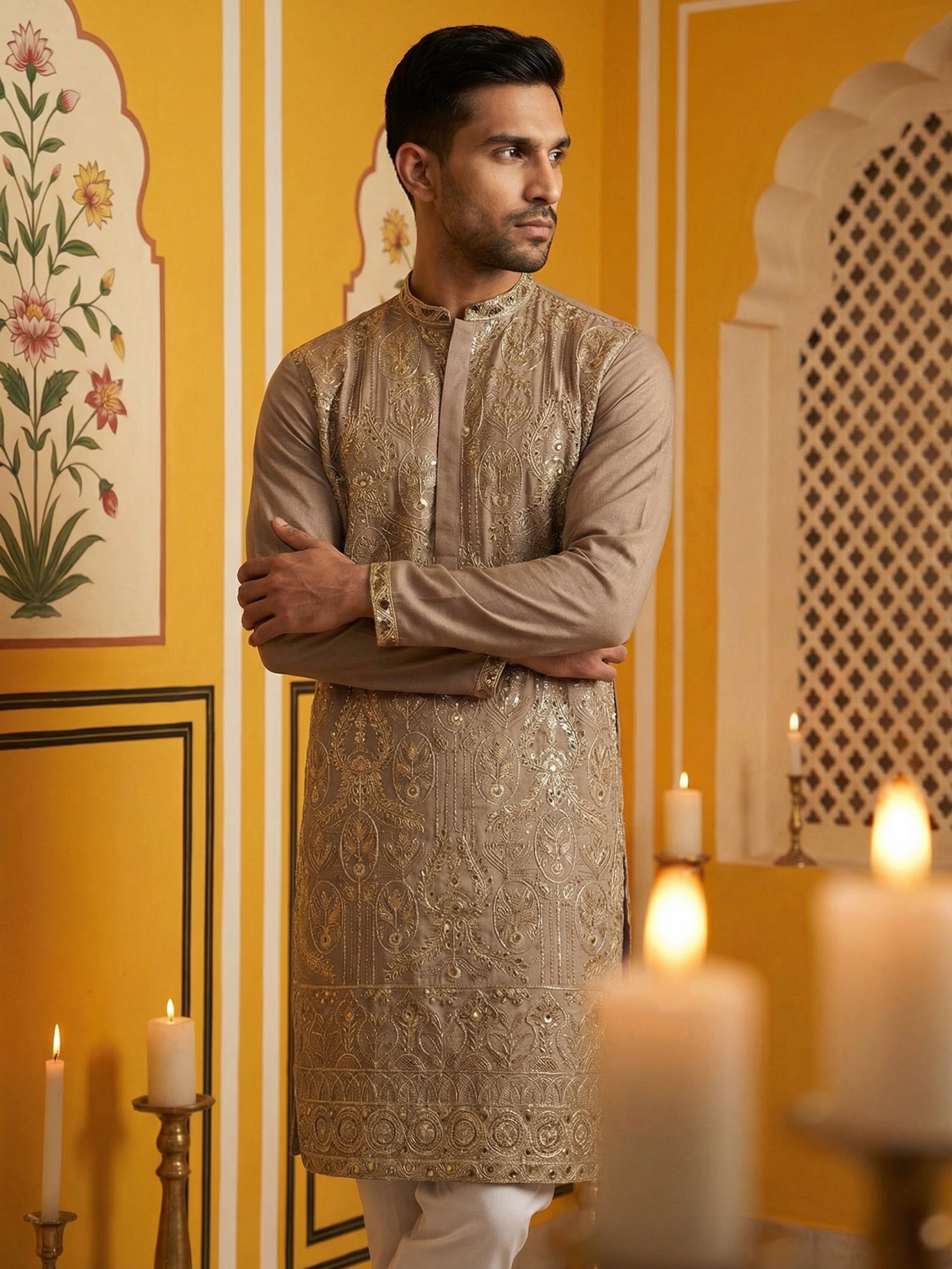 DesiQlo Men Embroidered Kurta Pyjama Set - Brown - 65KP_P_5489Brown_S