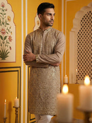 Embroidered Silk Blend Kurta Set for Men ( 65KP P 5489Brown ) [FF] [A-1-4]