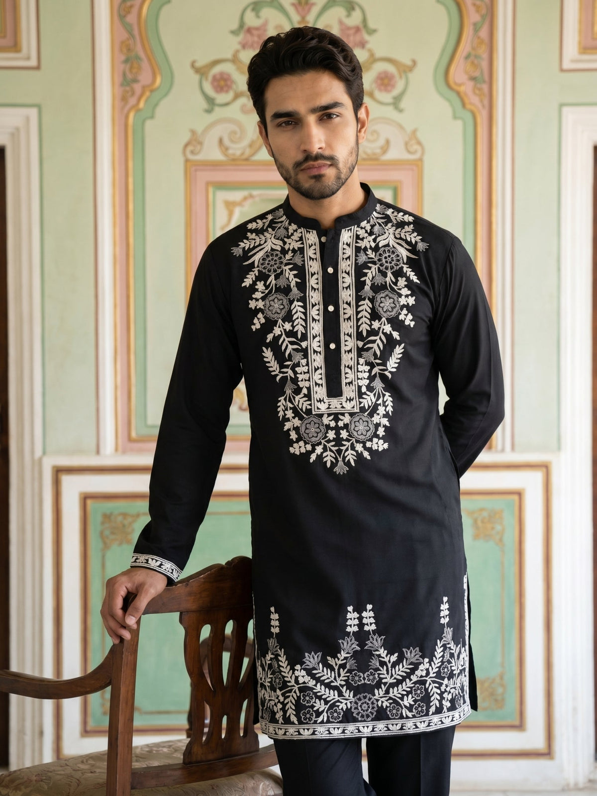 Men Japanese Fabric Embroidered Kurta Set ( 65KP B-P 5498Black )