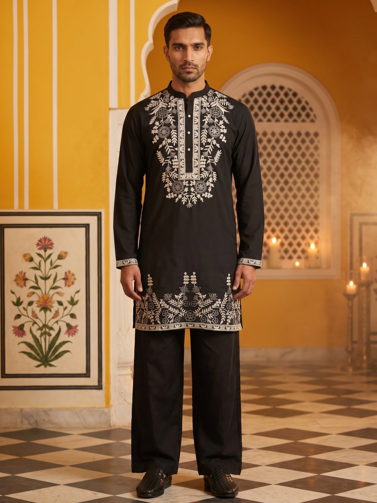 DesiQlo Men Embroidered Kurta Pyjama Set - Black - 65KP_PJ11B_5498Blac