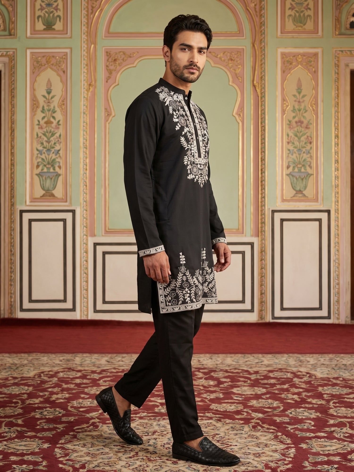 DesiQlo Men Embroidered Kurta Pyjama Set - Black - 65KP_B-P_5498Black_