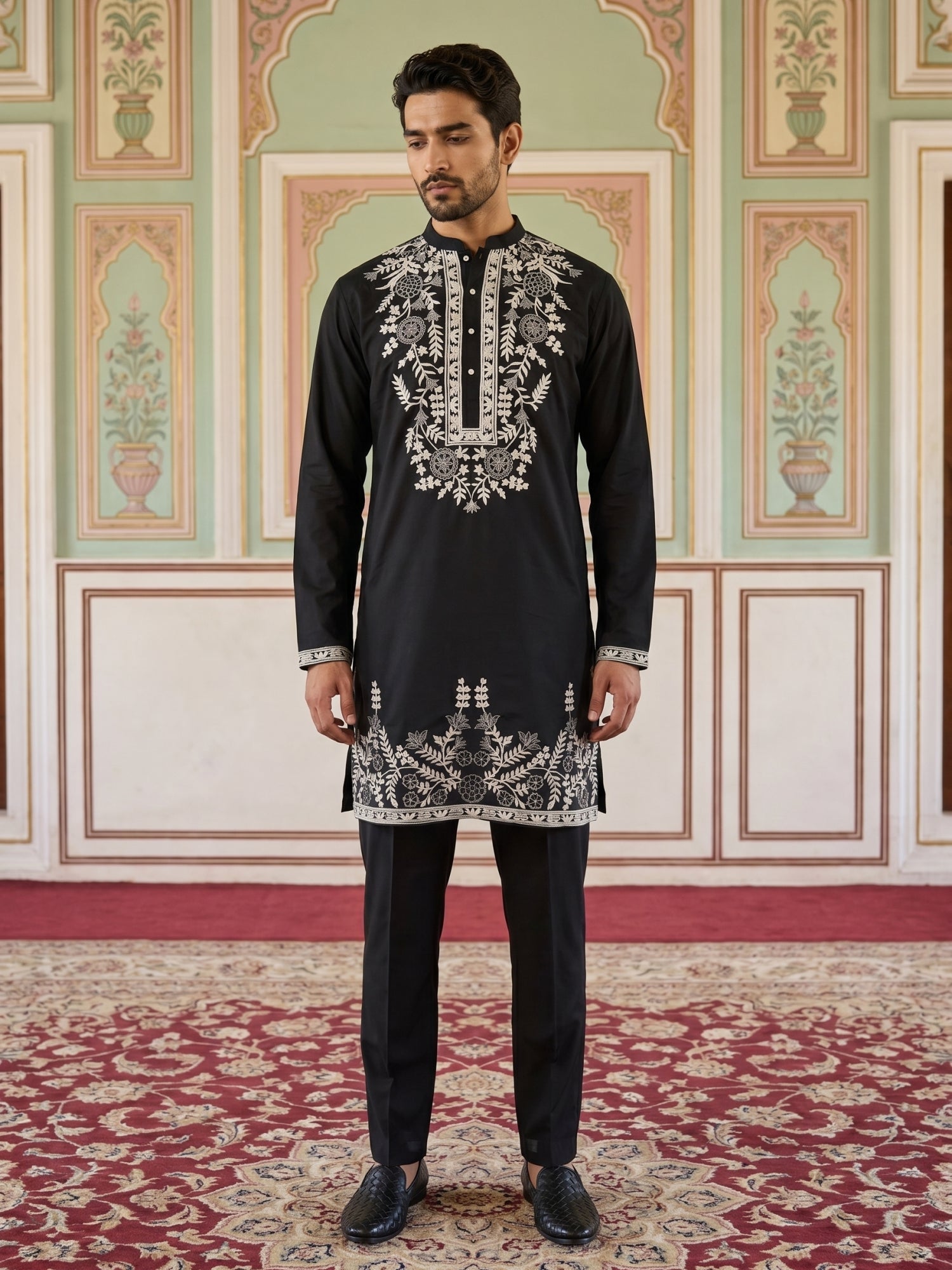 DesiQlo Men Embroidered Kurta Pyjama Set - Black - 65KP_B-P_5498Black_
