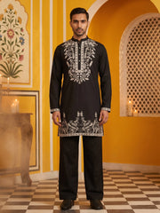 Men Japanese Fabric Embroidered Kurta Set ( 65KP PJ11B 5498Black )