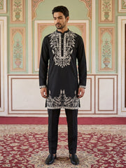 Men Japanese Fabric Embroidered Kurta Set ( 65KP B-P 5498Black )