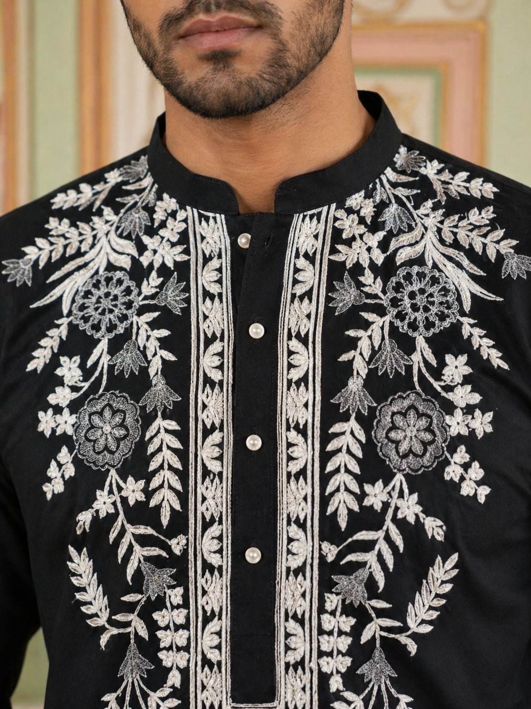 DesiQlo Men Embroidered Kurta Pyjama Set - Black - 65KP_B-P_5498Black_