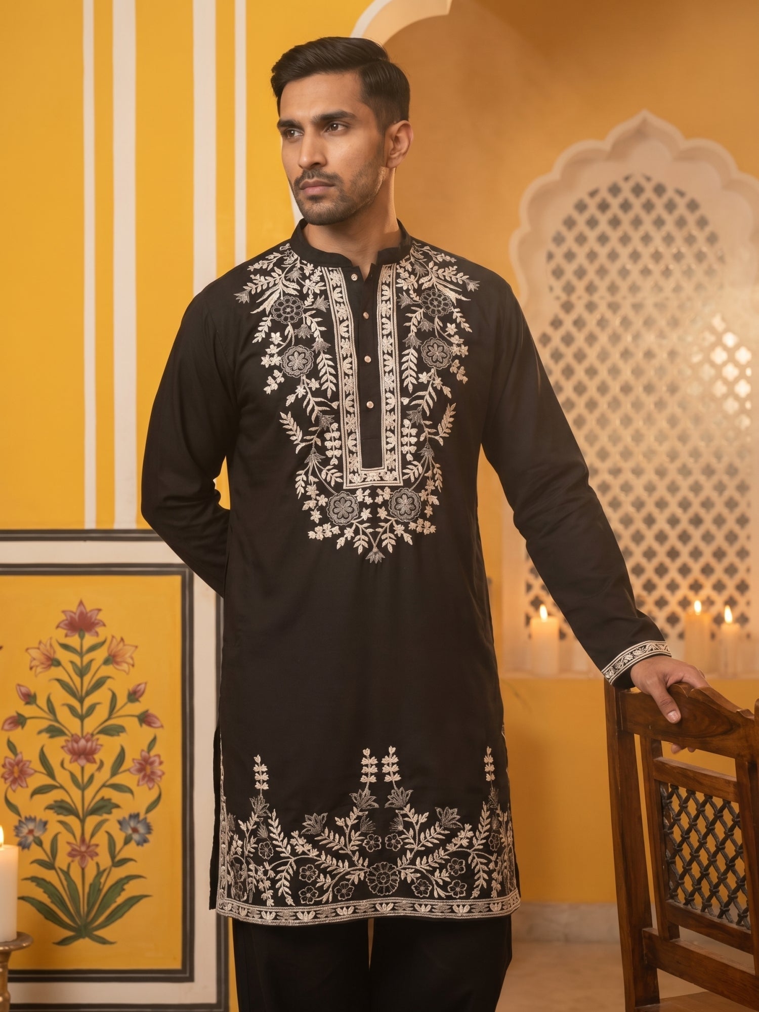 DesiQlo Men Embroidered Kurta Pyjama Set - Black - 65KP_PJ11B_5498Blac