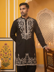 Men Japanese Fabric Embroidered Kurta Set ( 65KP PJ11B 5498Black )
