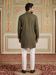 Men Japanese Fabric Embroidered Kurta Set ( 65KP 5498Mehndi S ) [FF] [P-15-14]