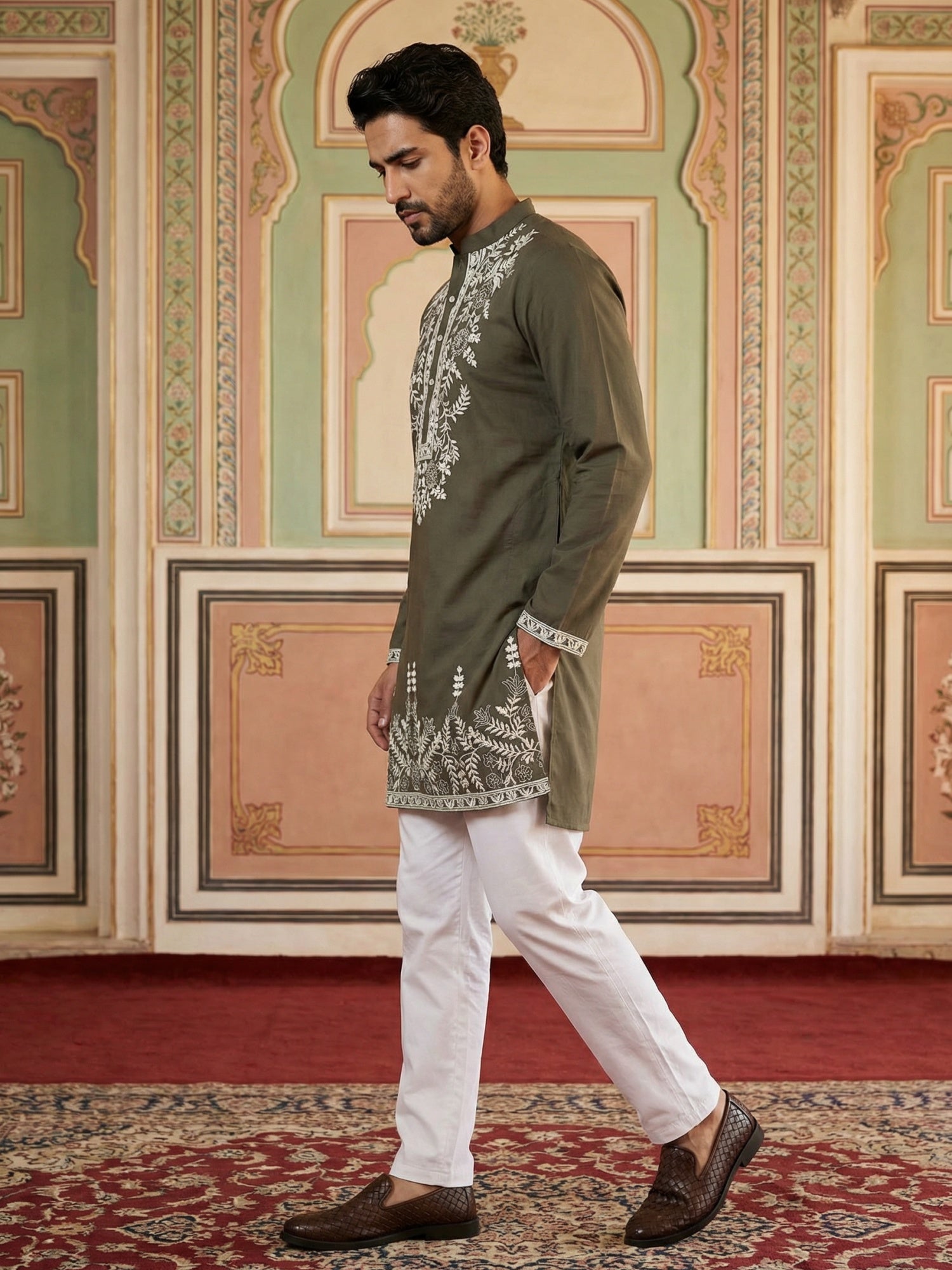 DesiQlo Men Embroidered Kurta Pyjama Set - Green - 65KP_5498Mehndi_S
