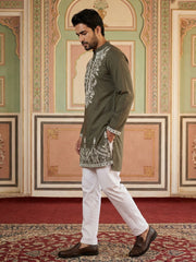Men Japanese Fabric Embroidered Kurta Set ( 65KP 5498Mehndi S ) [FF] [P-15-14]