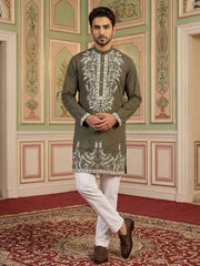 Men Japanese Fabric Embroidered Kurta Set ( 65KP 5498Mehndi S ) [FF] [P-15-14]
