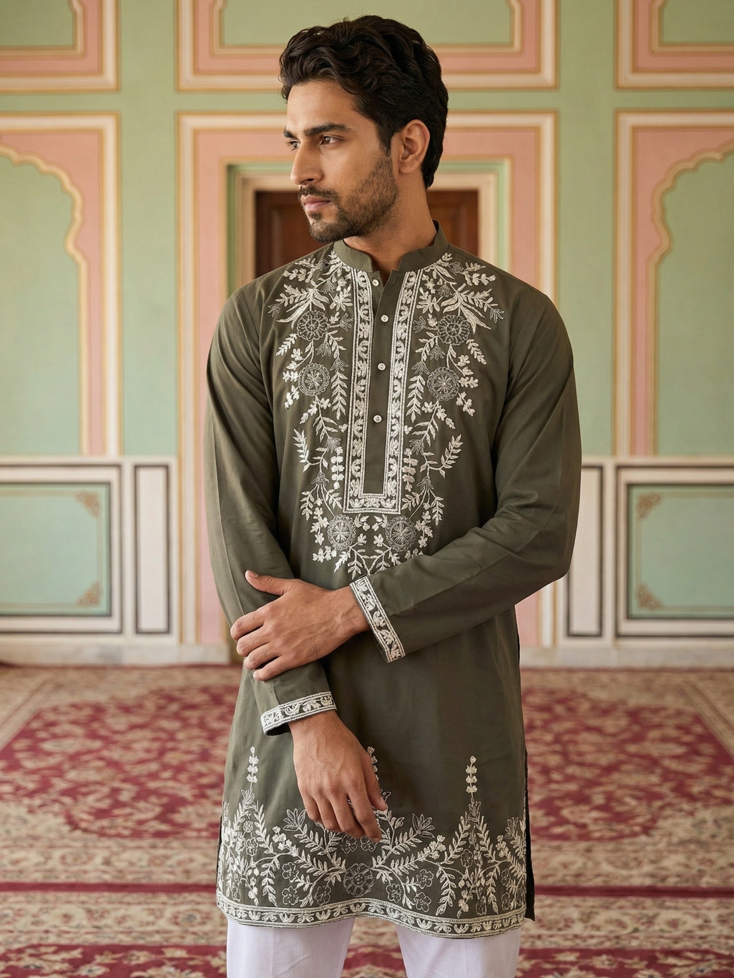 DesiQlo Men Embroidered Kurta Pyjama Set - Green - 65KP_5498Mehndi_S
