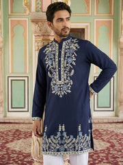 Men Japanese Fabric Embroidered Kurta Set ( 65KP 5498Navy S ) [FF] [P-15-14]