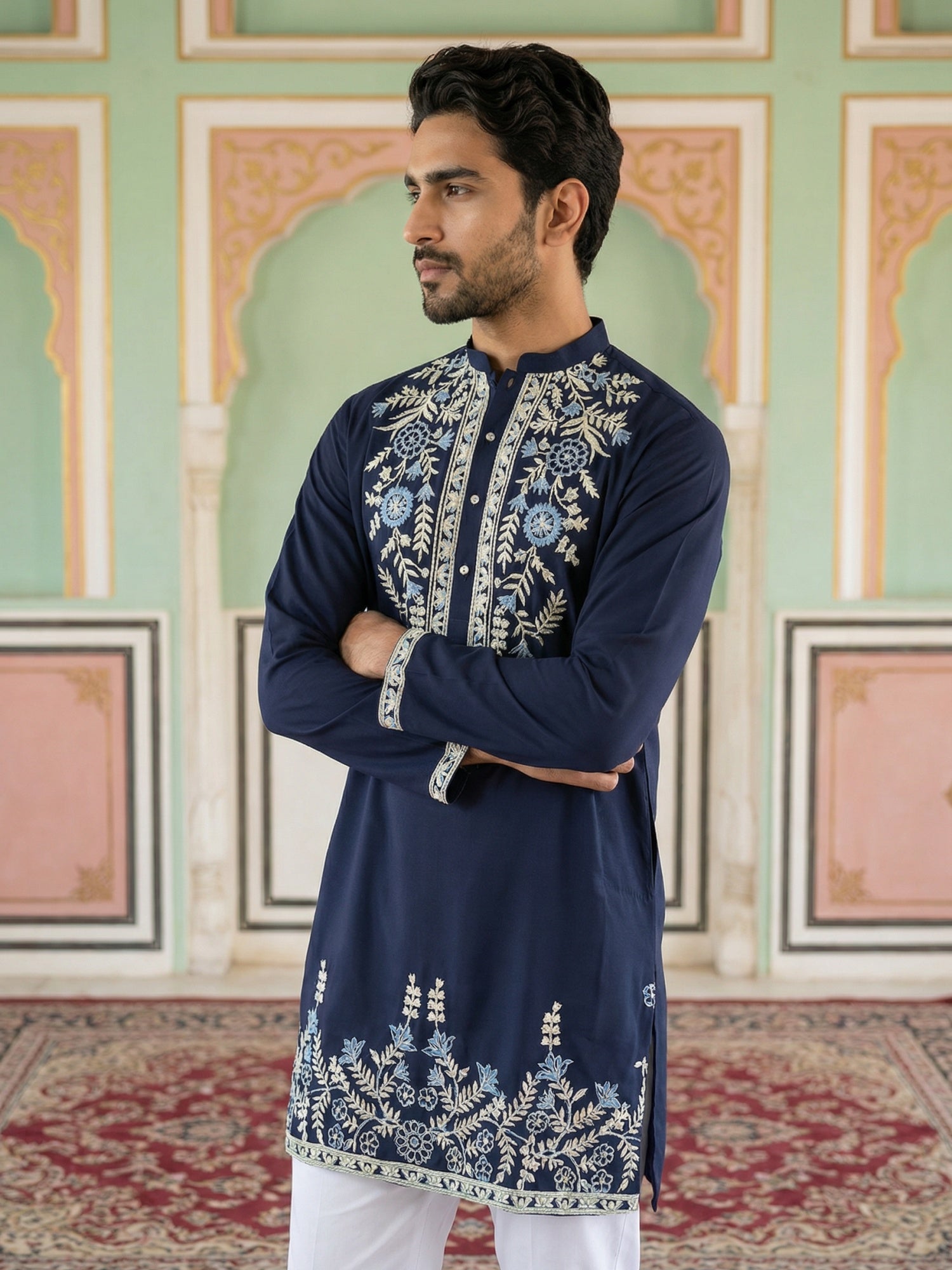 DesiQlo Men Embroidered Kurta Pyjama Set - Blue - 65KP_5498Navy_S