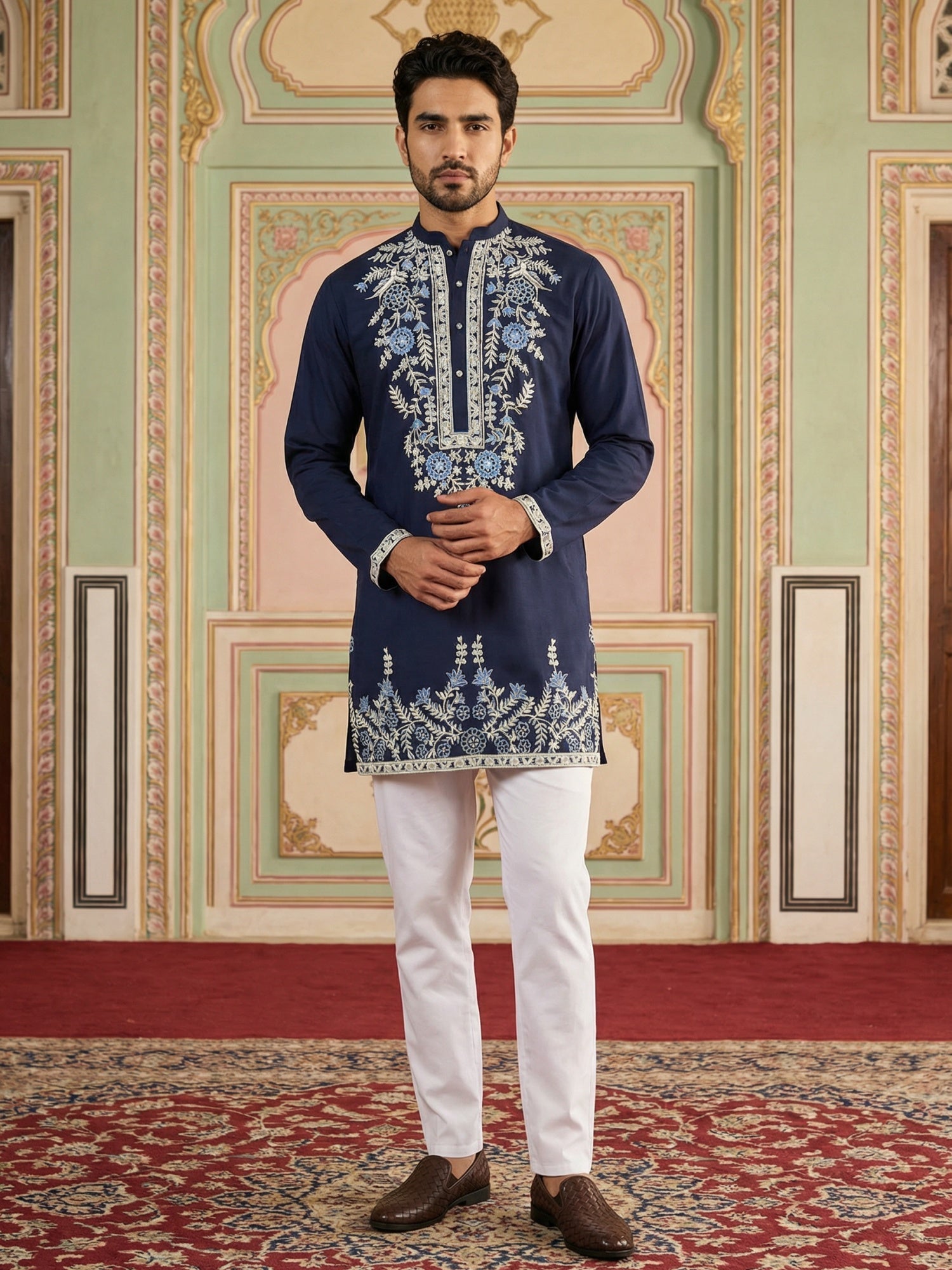 DesiQlo Men Embroidered Kurta Pyjama Set - Blue - 65KP_5498Navy_S