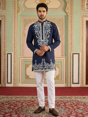 Men Japanese Fabric Embroidered Kurta Set ( 65KP 5498Navy S ) [FF] [P-15-14]