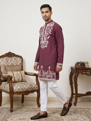 Men Japanese Fabric Embroidered Kurta Set ( 65KP P 5498Wine )