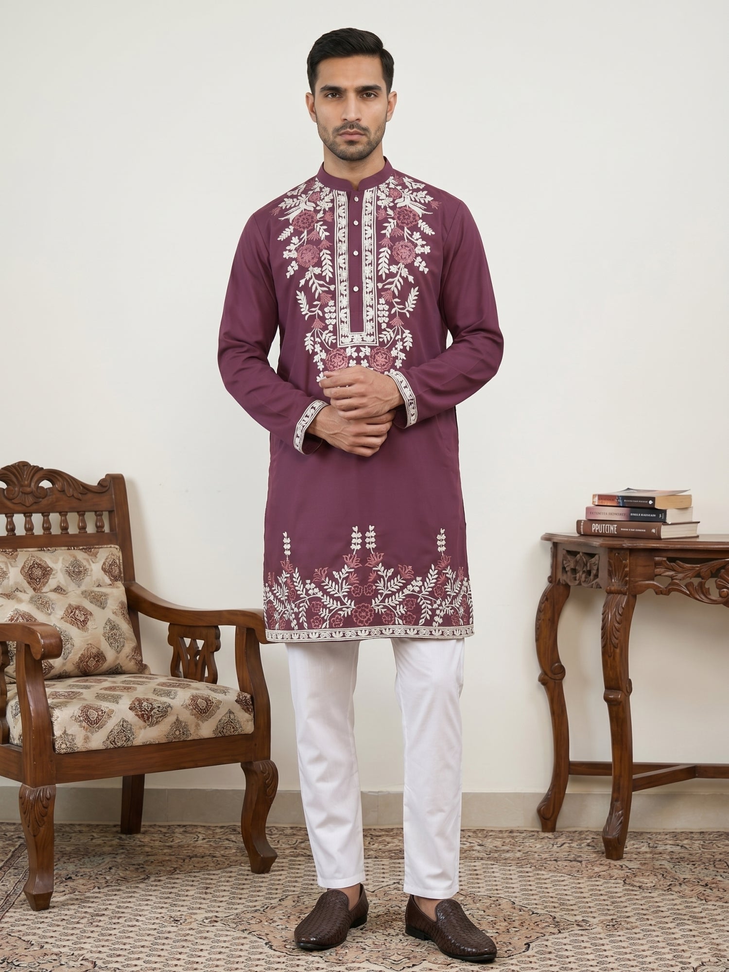 DesiQlo Men Embroidered Kurta Pyjama Set - Maroon - 65KP_P_5498Wine_S