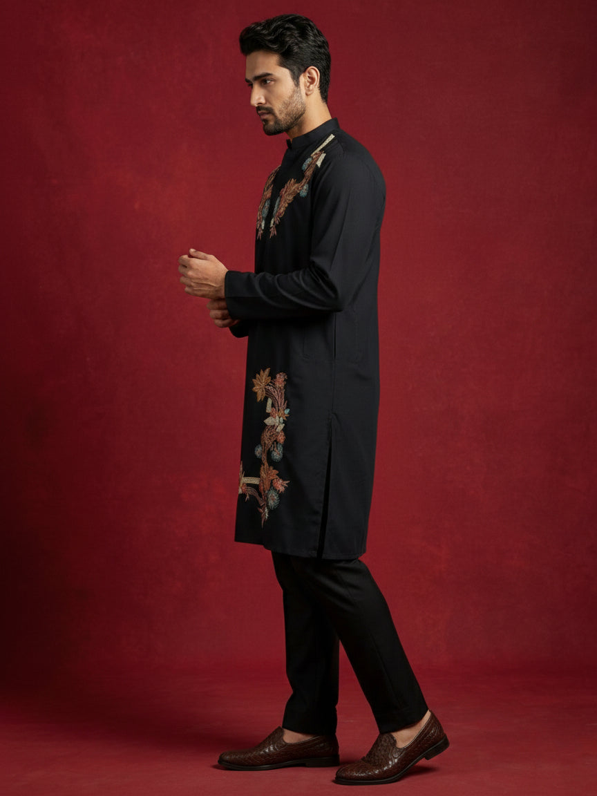 DesiQlo Men Embroidered Kurta Pyjama Set - Black - 65KP_B-P_5499Black_