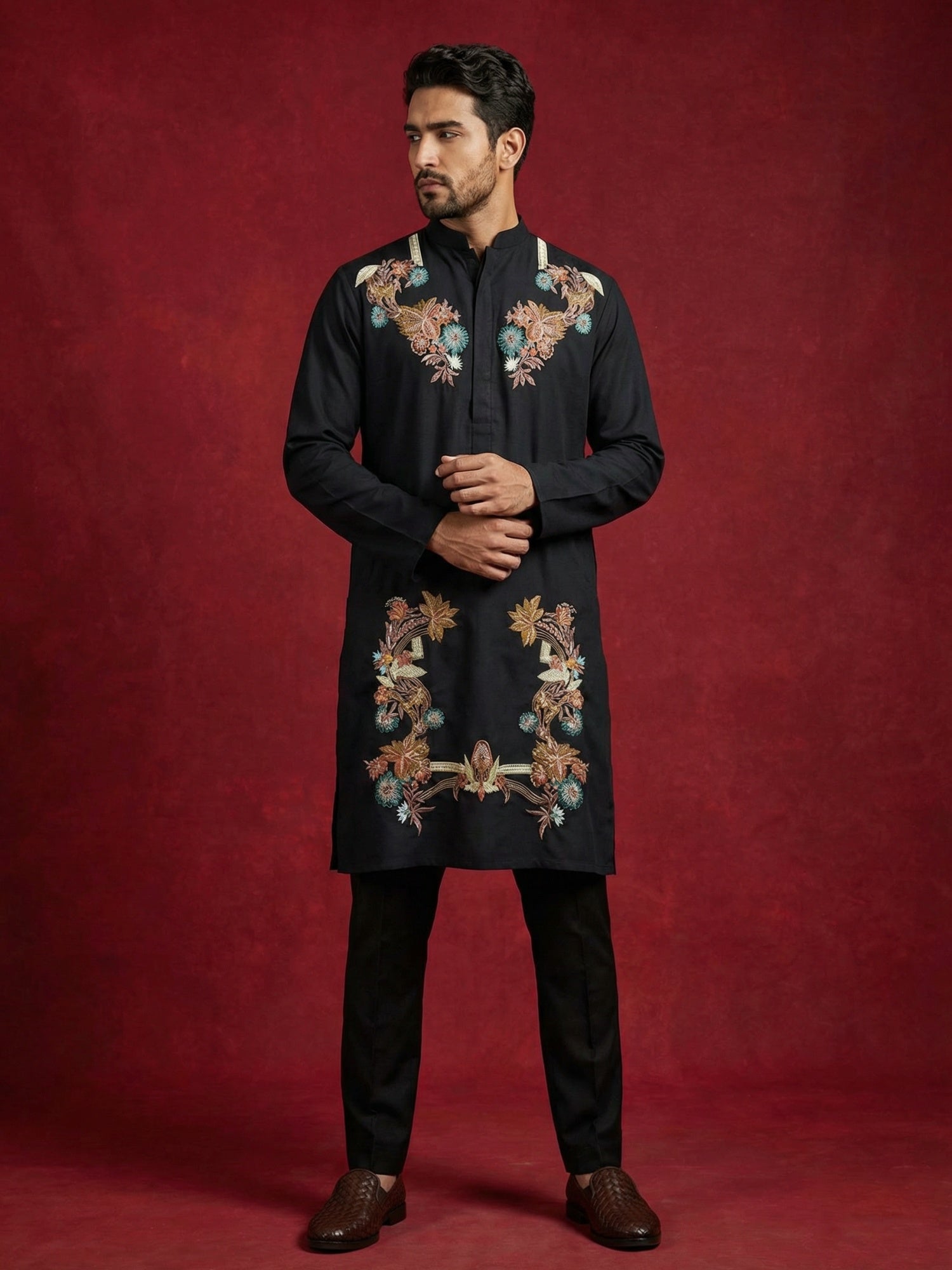 DesiQlo Men Embroidered Kurta Pyjama Set - Black - 65KP_B-P_5499Black_