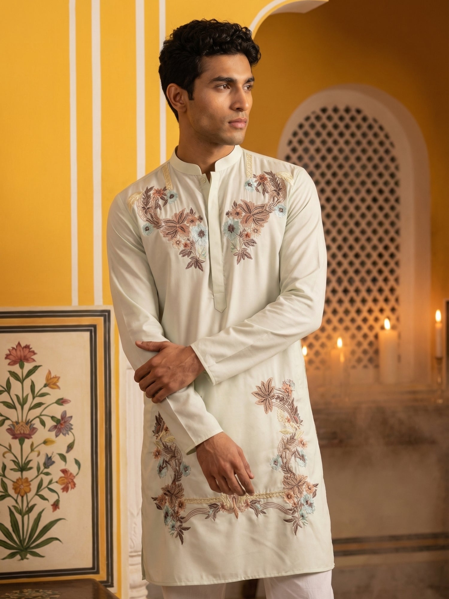DesiQlo Men Embroidered Kurta Pyjama Set - White - 65KP_P_5499White_S