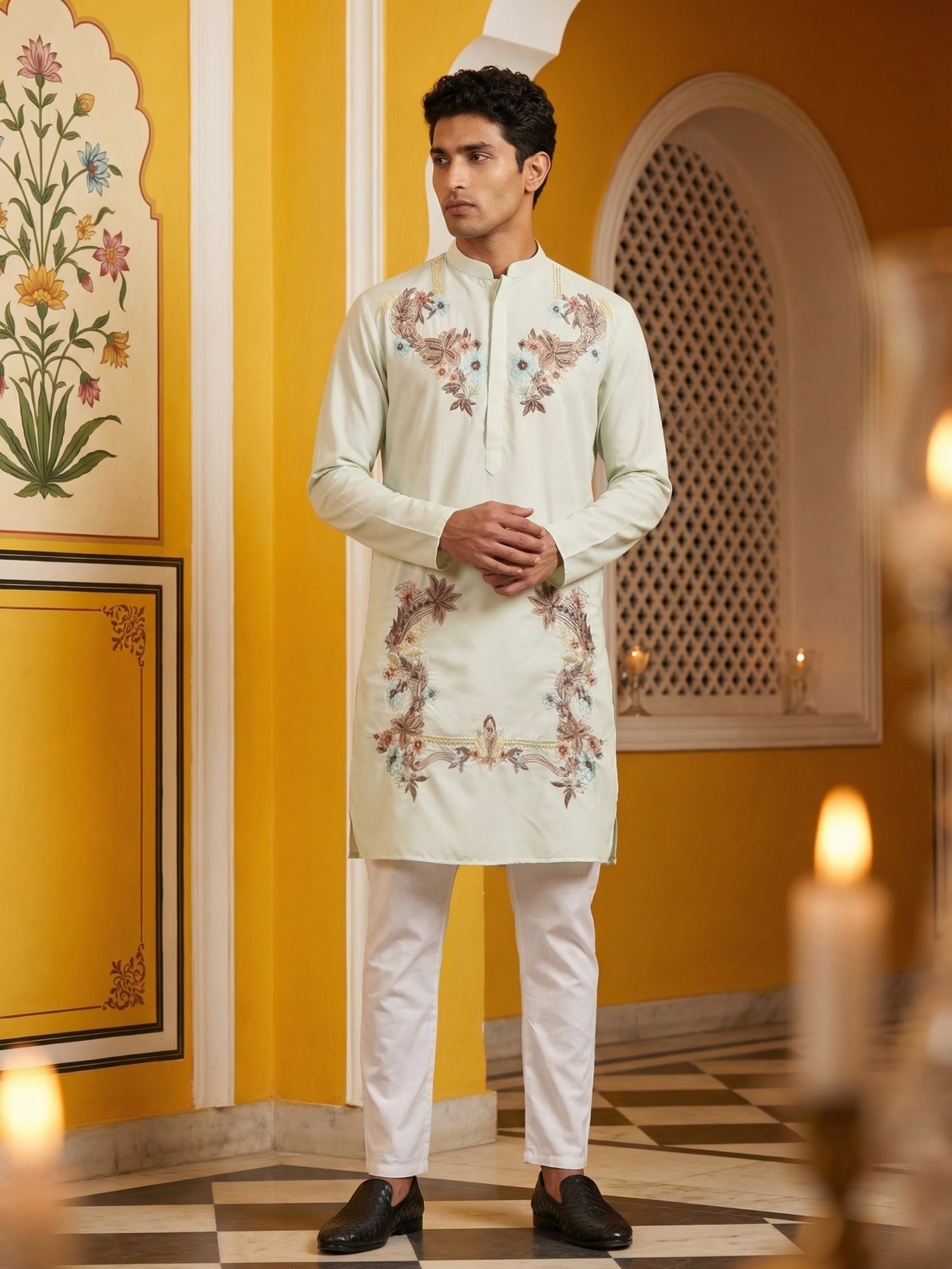 DesiQlo Men Embroidered Kurta Pyjama Set - White - 65KP_P_5499White_S