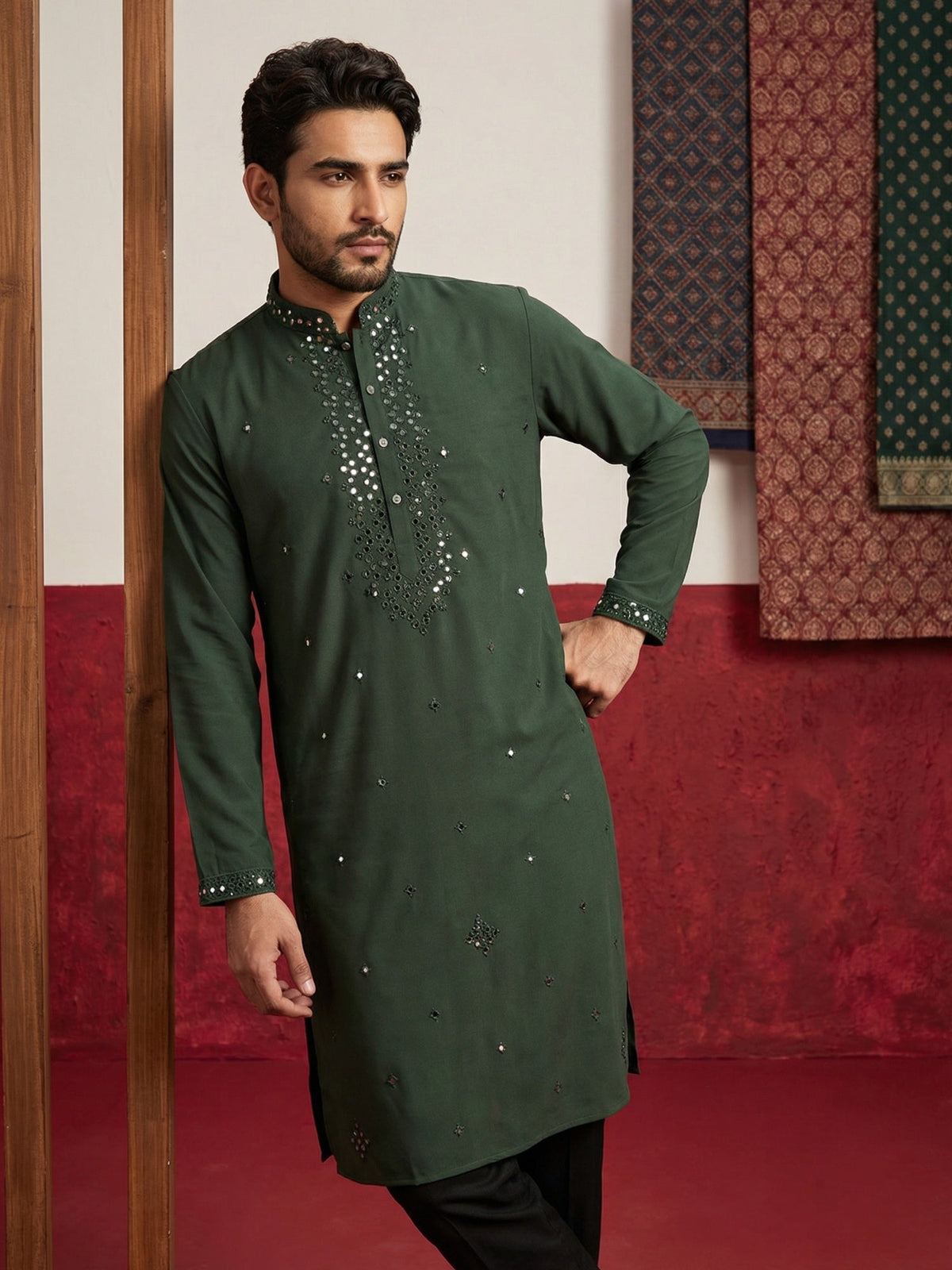 Japanese Fabric & Mirror Work Kurta Set ( 65KP B-P 5500Olive S )