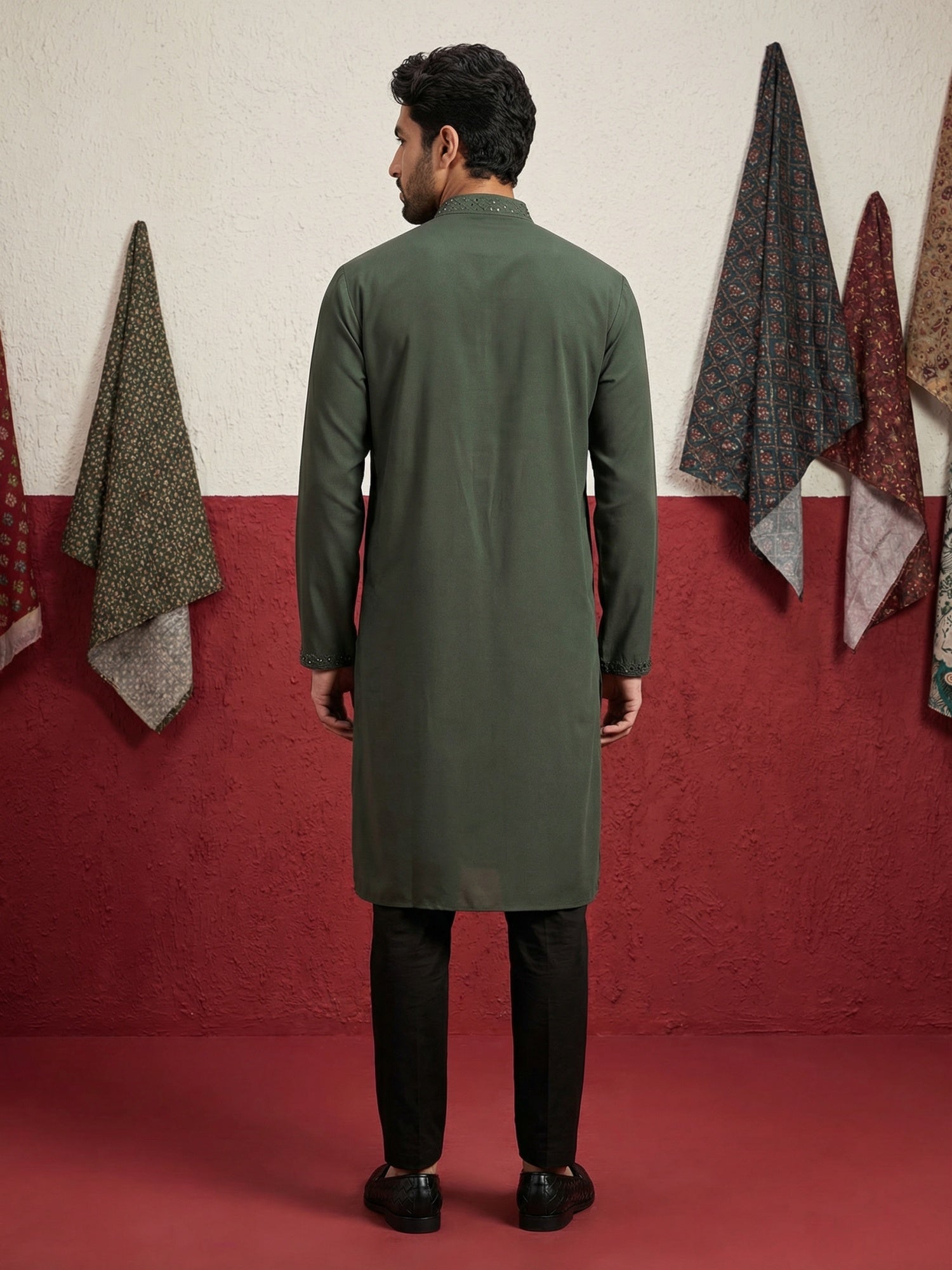 DesiQlo Men Embroidered Kurta Pyjama Set - Green - 65KP_B-P_5500Olive_