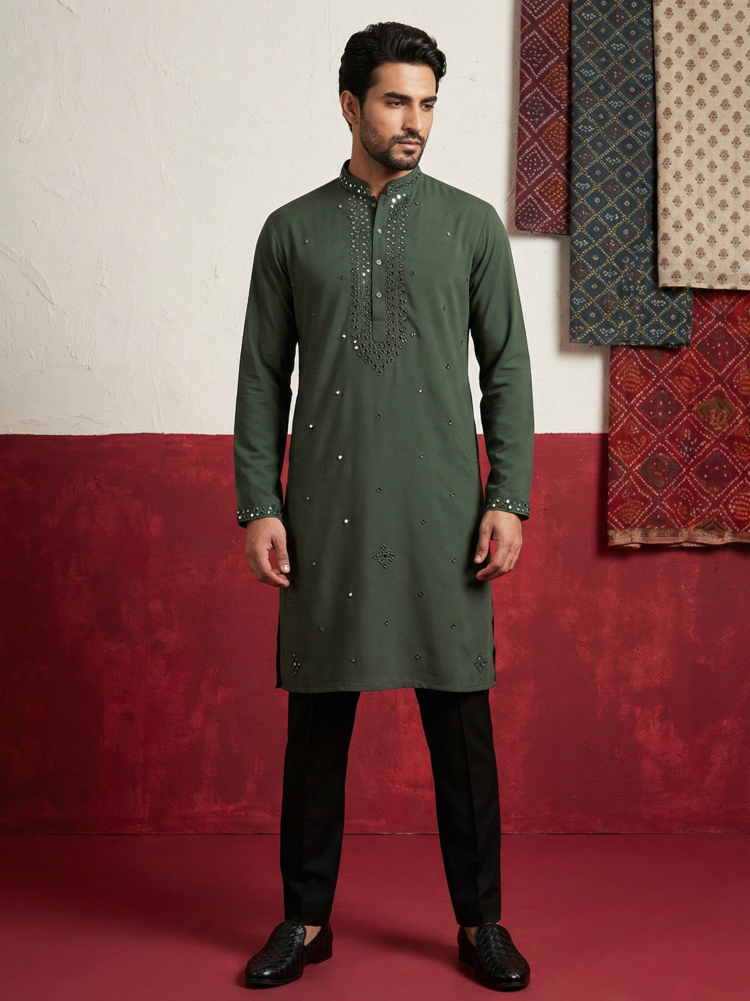 DesiQlo Men Embroidered Kurta Pyjama Set - Green - 65KP_B-P_5500Olive_