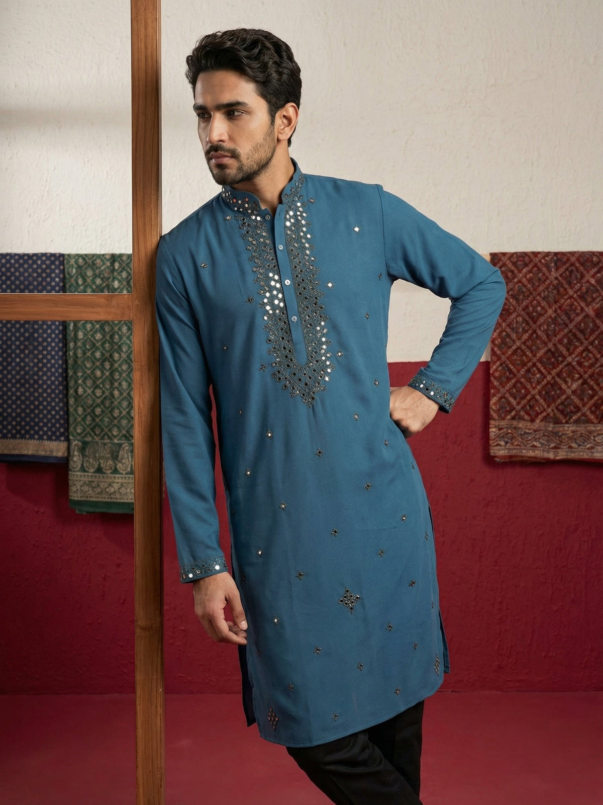 Japanese Fabric & Mirror Work Kurta Set ( 65KP B-P 5500Peacock S )