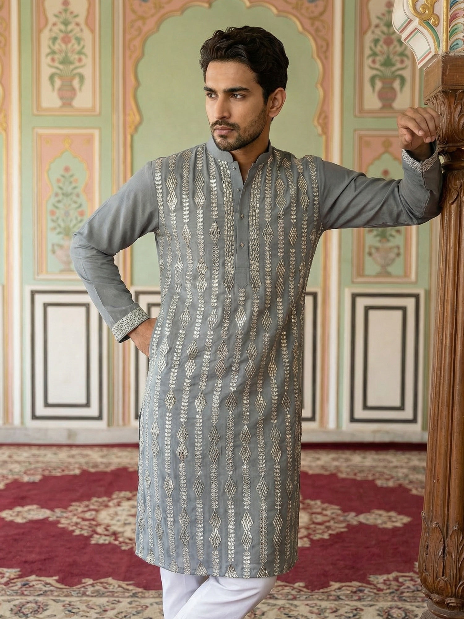 DesiQlo Men Embroidered Kurta Pyjama Set - Grey - 65KP_5501Grey_S