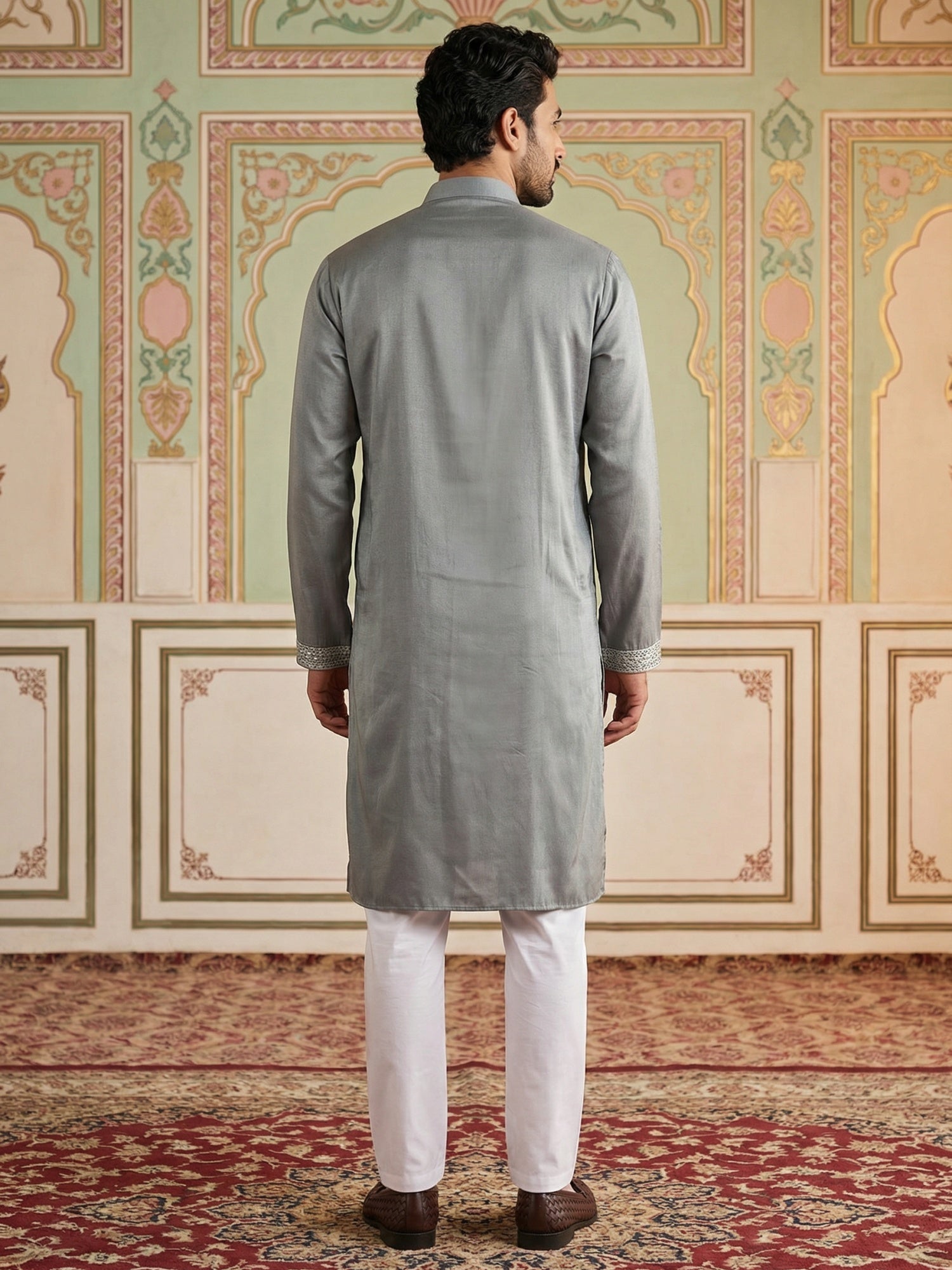 DesiQlo Men Embroidered Kurta Pyjama Set - Grey - 65KP_5501Grey_S