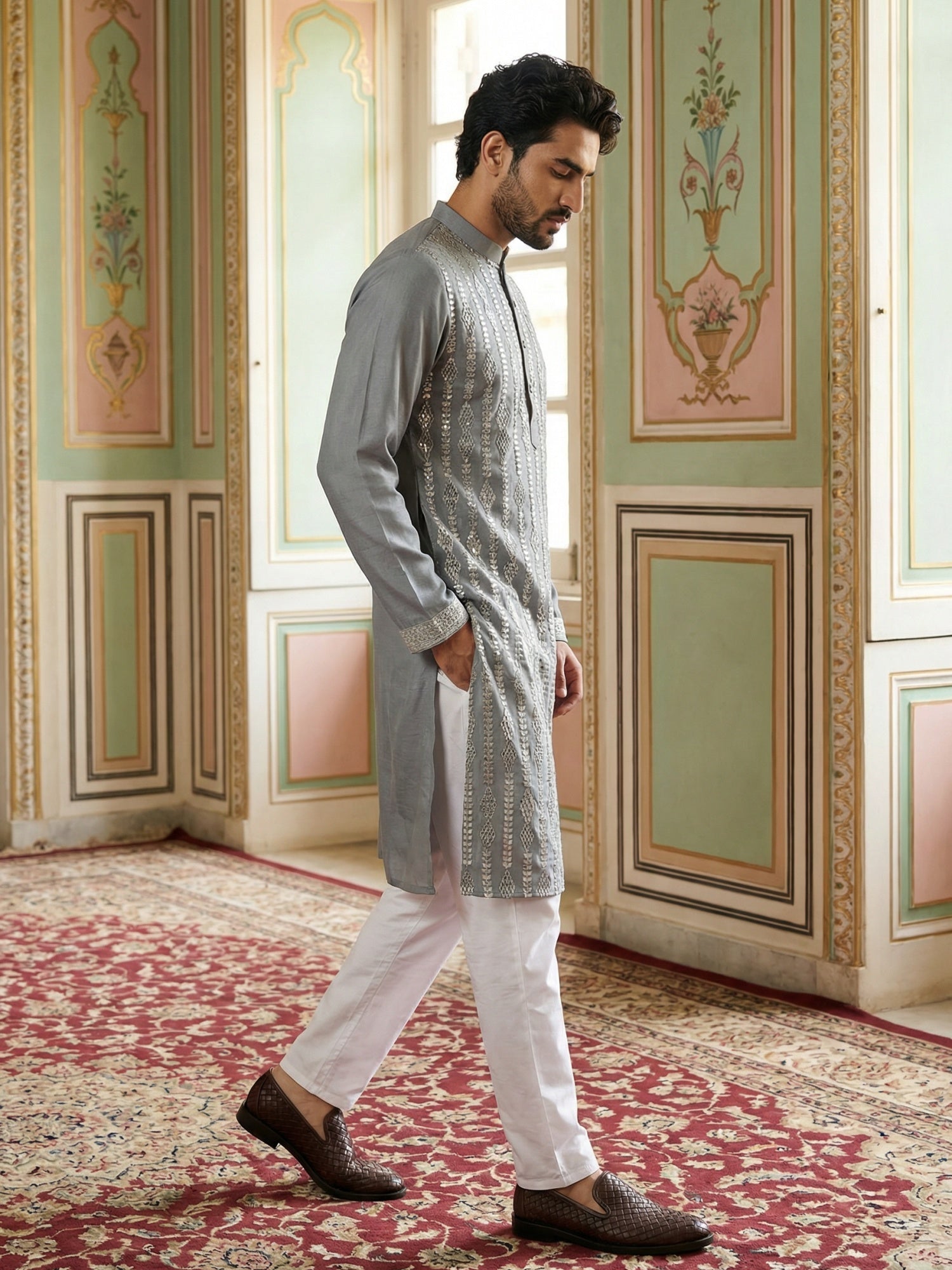 DesiQlo Men Embroidered Kurta Pyjama Set - Grey - 65KP_5501Grey_S